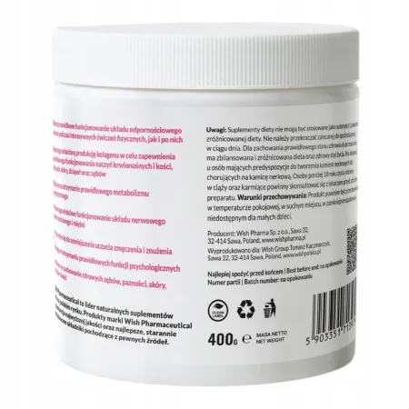 Magnez w proszku Malina–Mięta z acerolą i witaminą C, 400 g
