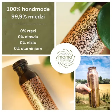 Zestaw miedziany butelka + kubki grawer kwiatowy MOMA