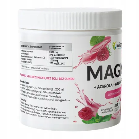 Magnez w proszku Malina–Mięta z acerolą i witaminą C, 400 g